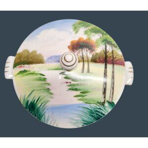 Vintage Hand Painted Porcelain Lidded Bowl With Scenic Landscape Design